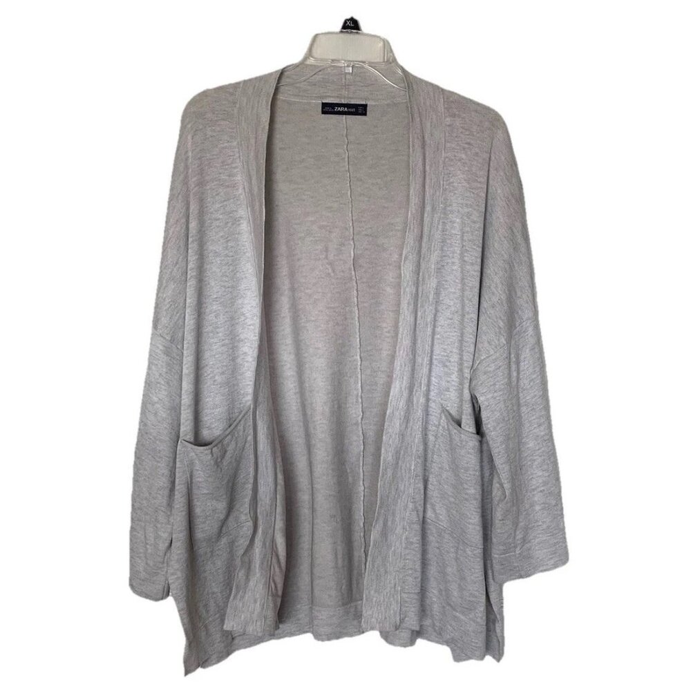Zara Knit Cardigan Womens Large 3/4 Sleeve Open Front Gray Sweater